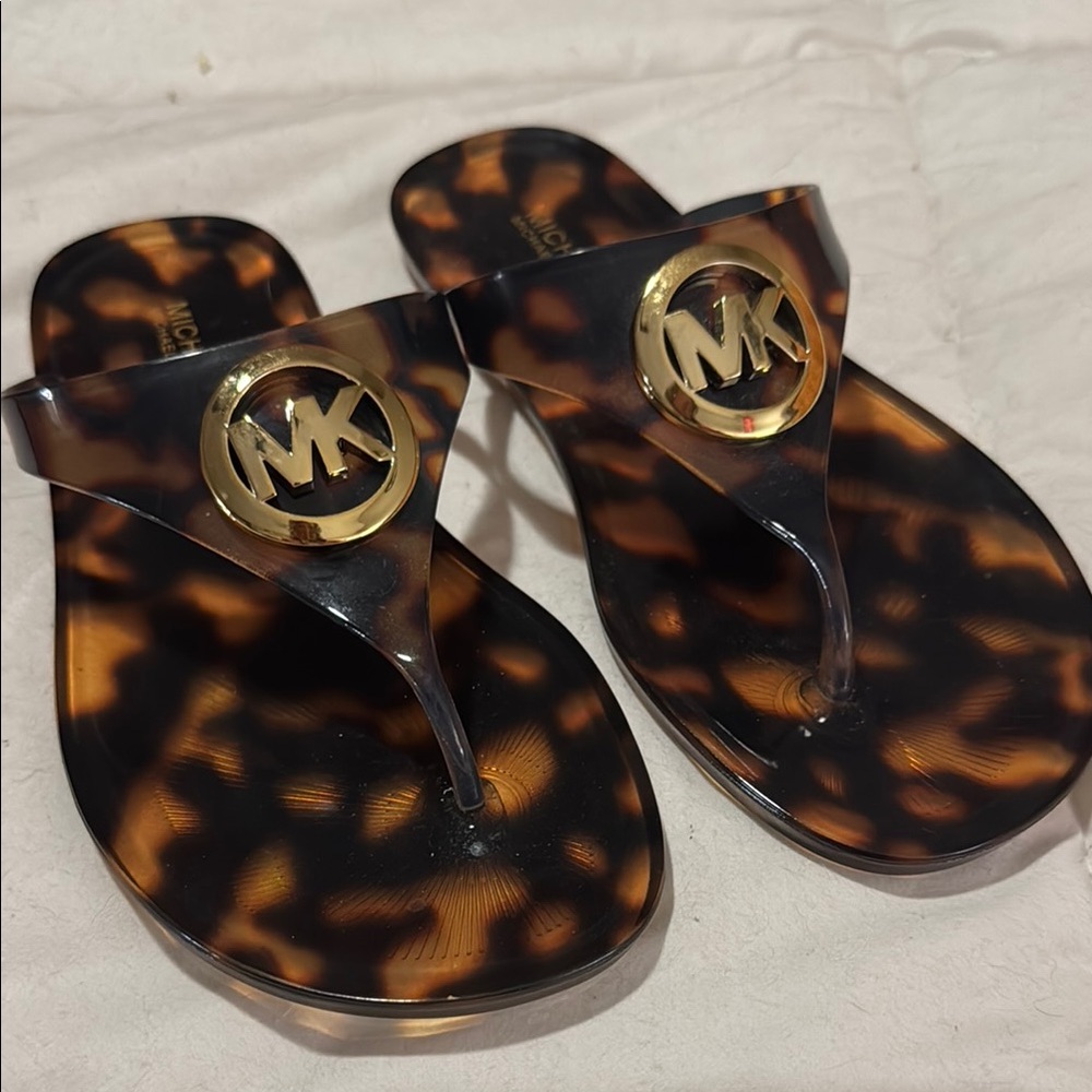 Michael Kors Tortoise Shell Flip Flops with Gold Logo